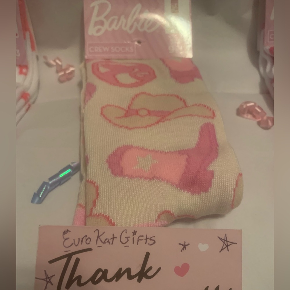 CUTE NEW BARBIE Pink and Cream Crew Socks cowgirl hat and cowboy boot print NWT